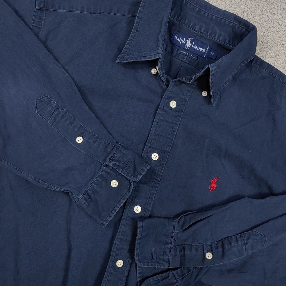 Ralph Lauren Button Down - Mens M Cotton - Navy Blue Long Sleeve Red Pony Logo